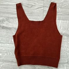 Cross/Wrap Back Detail Cropped Length With Square Front Neckline Rusty Orange Color Orange Knit V-neck Top, Orange Sleeveless Top For Winter, Casual Orange Crop Top For Fall, Grey Sweaters, Rusty Orange, Sweater Tank, Brown Orange, Cropped Sweater, Orange Color