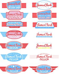 some type of labels that are red, white and blue with the words james clark design