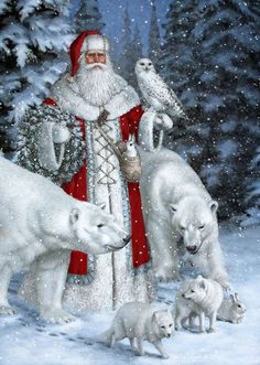 a painting of santa claus surrounded by polar bears in the snow with an owl on his shoulder