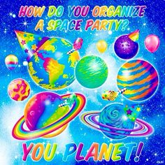 an advertisement for the space party with planets and stars in the sky, on a blue background