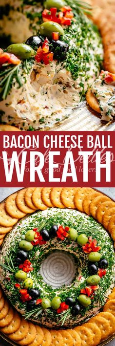 bacon cheese ball wreath on a platter with crackers and olives in the middle