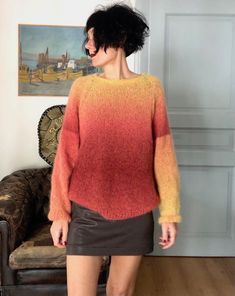 "I made this knit sweater for women using a soft and warm mohair yarn faded from yellow to brick red. This fluffy mohair alpaca knitted jumper is easily combined with jeans for a casual style, or if you prefer something more elegant you can wear it with a long skirt and boots. The gradient color of this crewneck hand knit mohair Sweater make it a precious piece to keep you comfortable and warm during autumn and winter. This soft wool knitted jumper mohair for winter  is a unique piece, the size fits S, M and L. For smaller women it will be a comfortable oversized garment. Here are the measurements of this knitted sweater: Breast                                        120 cm / 47\"24` Hem                                           120 cm / 47\"24` Length Knitted Mohair Sweater For Fall, Hand Knitted Mohair Sweater For Fall, Knitted Alpaca Sweater, Mohair Knitted Sweater For Layering, Cozy Mohair Knit Sweater, Cozy Knitted Mohair Sweater, Cozy Mohair Sweater, Casual Mohair Knitting Pattern, Cozy Mohair Knitting Pattern For Fall