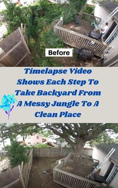 an aerial view of a house with the words timelapse video shows each step to take backyard from a messy jungle to a clean place