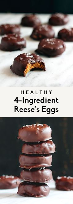 chocolate covered cookies stacked on top of each other with the words healthy 4 ingredient reese's eggs