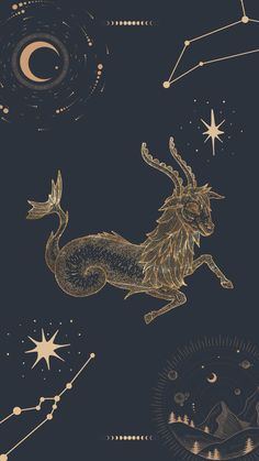 the zodiac sign is depicted in gold foil on a black background with stars and planets