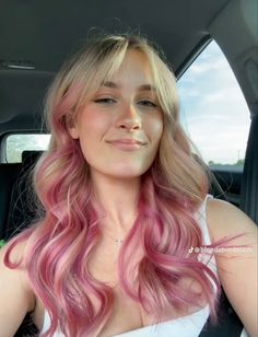 Colored Blonde Hair Ideas, Pink Half And Half Hair, Half Blonde Half Pink Hair Underneath, Blonde To Pink Balayage, Pink Tips On Blonde Hair, Platinum Hair With Pink Highlights, Ash Blonde And Pink Hair, Hair Colour Ideas Pink, Blonde Hair Rainbow Highlights