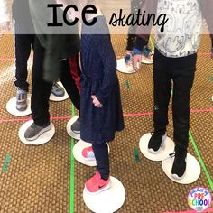 several people standing on skateboards with the words ice skating