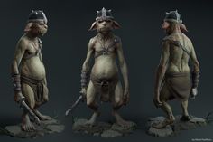 three different poses of an alien with horns and headgear, standing on rocks