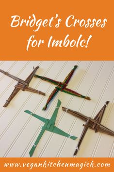 four crosses made out of sticks with the words bridget's crosses for inbolc