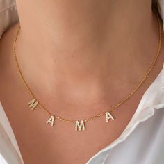 "DAINTY PAVE MAMA LETTER NECKLACE Pave Letter Mama Necklace, Dainty Mama Letter Necklace, CZ Mama Necklace, Pavé Initial Mama Necklace, Pave Mom Necklace, Mother's Day Gift \"I Love You, no matter what\" Let your mom know how much she means to you. You will love this fashion yet stylish dainty letter necklace for your mom. This listing is a necklace for Mother's Day Special. FEATURES Material: Crafted in High Quality 925 Sterling Silver Finish: 18K gold plated Color: Silver, Gold, Rose Gold Dime Letter Beads Jewelry For Mother's Day, Mother's Day Jewelry With Letter Beads In Letter Shape, Mother's Day Jewelry With Letter Beads, Mother's Day Gift Name Necklace With Charms, Silver Sterling Silver Necklace With Letter Beads, Silver Necklaces With Letter Beads For Personalized Gift, Personalized Silver Necklace With Letter Beads, Anniversary Sterling Silver Jewelry With Letter Beads, Silver Charm Necklaces With Letter Beads For Mother's Day