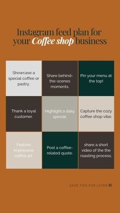 Instagram feed plan inspiration for content ideas for coffee shop businesses to post. Successful Coffee Shop Tips, Instagramable Cafe Ideas, Instagram Feed Coffee Shop, Cafe Instagram Post Ideas, Coffee Shop Social Media Content, Coffee Content Instagram, Coffee Shop Post Ideas, Cafe Post Ideas, Coffee Marketing Ideas