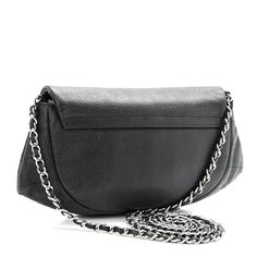 CHANEL CAVIAR LEATHER HALF MOON WALLET ON A CHAINPRE-OWNED-GOOD CONDITION This chain Bag is crafted of pleated caviar leather in black. The bag features a leather-threaded polished silver chain-link shoulder strap and a crossover flap with a quilted Chanel CC logo. The flap opens to a black fabric interior with card slots, zipper pocket, and patch pockets. Height 5.5', Width 9.5', Depth 1.5', Strap Drop 24'MADE IN ITALY CONDITION: Some signs of wear, Overall Good Condition, See Detailed images. Luxury Silver Wallet On Chain With Chain Strap, Chanel Wallet On Chain Silver, Chanel Classic Wallet On Chain, Chanel Bag Wallet On Chain, Chanel Wallet On Chain Caviar, Limited Edition Bag, Leather Thread, Chanel Caviar, Chanel Black