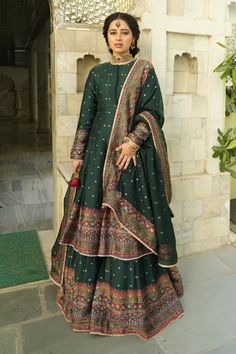 Shop for Safaa Green Vegan Silk The Nazneen Anarkali Lehenga Set for Women Online at Aza Fashions Bottle Green Anarkali, Potli Button, Green Anarkali, Silk Anarkali, Anarkali Lehenga, Indian Fashion Trends, Anarkali Dress Pattern, Green Lehenga, Pakistani Fashion Party Wear