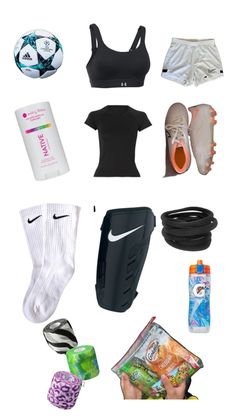 various sports items are arranged on a white background