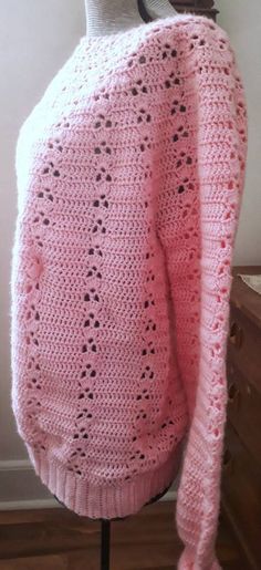 "Pretty in pink! Ladies feminine hand crocheted pullover sweater with round neck, long sleeves, soft acrylic yarn. Like new. Size M/Medium (pit to pit 20\", sleeve 29\", back length 27\")." Pink Long Sleeve Knitting Pattern, Pink Hand Knitted Long Sleeve Sweater, Pink Crochet Knitting Pattern, Pink Crochet Sweater For Winter, Cozy Pink Crochet Sweater, Pink Pullover Sweater, Blue Satin, Alpaca Wool, Vintage Wool