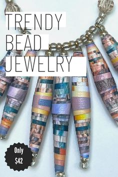 a necklace made out of strips of fabric and beads with the words trendy bead jewelry only $ 42