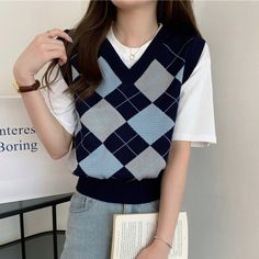 This is perfect for those who are looking for a clothing for a good price. It is fashionable, stylish, and it will look great on anyone who wears it. Do you wanahavit? Sweater Vest Korean, Vest Women Outfit, Women Sweater Vest, Style Sweater Vest, Knit Vest Outfit, Plaid Sweater Vest, Cute Jumpers, Argyle Sweater Vest, Back To School Fashion