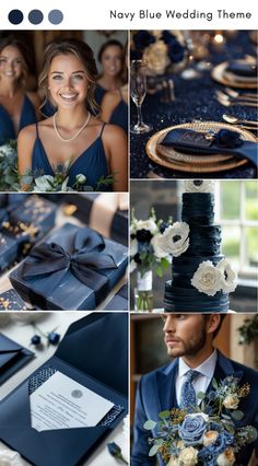 navy blue wedding theme with white flowers and gold accents