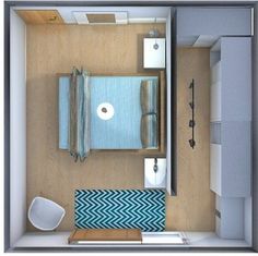 an overhead view of a bedroom and bathroom with the word interest on it's floor