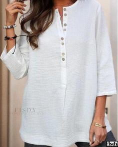 Fisdy - Camisa de cuello redondo en mezcla de lino y algodón para mujer: Elegantes mangas tres cuartos, disponible en varios colores lisos Basic Blouses, Pleated Shirt, Half Sleeve Blouse, Linen Casual, Professional Attire, Women Shirts Blouse, Pullover Shirt, Linen Women, Summer Cotton