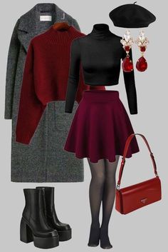 Maroon Winter Outfits, Christmas Caroling Outfits, Skirt Coat Outfit, How To Wear A Dress In Winter, Cute Clothes Ideas, Christmas Style Outfit, Academia Aesthetic Outfit, Riverdale Fashion, Smart Casual Work Outfit