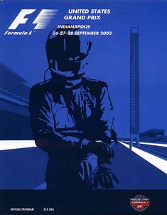 an official poster for the indianapolis international speedway, featuring a man in a racing suit