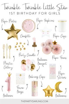 A collage of pink and gold twinkle twinkle little star first birthday party supplies and decorations for a girl. Two The Stars Birthday Party, Luna Themed Birthday Party, Moon And Stars First Birthday Party, Birthday Stars Theme, Rose Gold 1st Birthday Party, Gold First Birthday Party, Moon First Birthday, Blush Pink 1st Birthday Party, New Year First Birthday Party