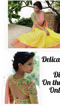 Blouse and colour combination Half Saree Indian, Green Half Saree, Green Combination, Choli Blouse, Half Sarees, Floral Saree, Indian Look, Pretty Yellow