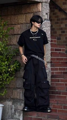 Tough Fits Men, Outfits Male Grunge, Baggy Jeans Outfit Men Aesthetic, Baggy Leather Pants Outfit Men, Alt Men Style, Space Aesthetic Outfit Men, Tripp Pants Outfit Men, Gothic Streetwear Men, Men Kpop Outfit