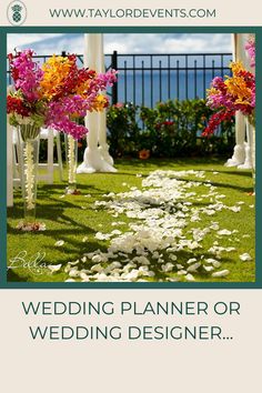 the wedding planner or wedding designer is in front of an outdoor ceremony area with white chairs and flowers