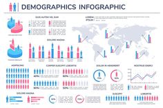 an info board with different types of infos and graphs on the front, in blue and pink colors