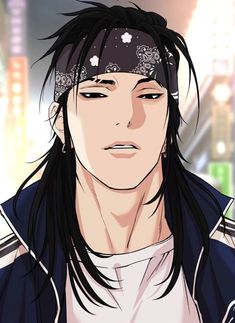 an anime character with long black hair wearing a bandana and looking at the camera