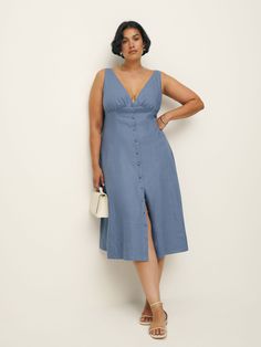 How classic.  Shop the Sebastien Linen Dress ES from Reformation, a sleeveless midi dress with a v-neckline and button front. Midi Linen Dress, Time Clothes, Work Wear Outfits, Sleeveless Midi Dress, Swimwear Dress, Vintage Inspired Dresses, Find Your Style, Outerwear Sweater, Midi Dress Sleeveless