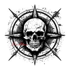 a black and white drawing of a skull with an compass on it's forehead