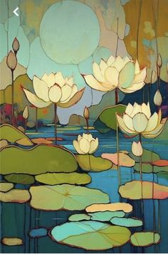 a painting of water lilies in the pond