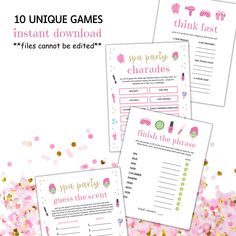 three pink and gold party games with confetti on them