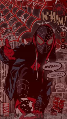 a spider - man is standing in front of a wall with graffiti and words on it