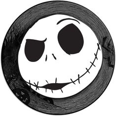 a black and white drawing of a jack skellingy face on a round plate