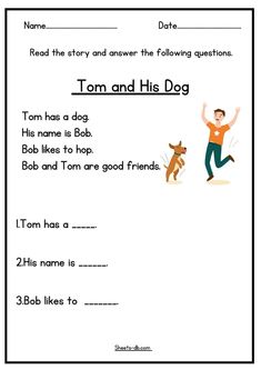 a worksheet with the words tom and his dog