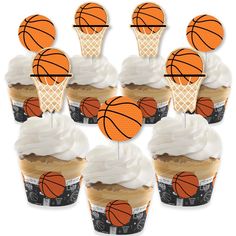 basketball cupcake toppers with white frosting