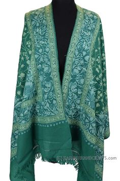 Kashmir embroidered shawls are world famous for their embroidery, beauty, texture a design. Opulence and mystique are the hallmark of hand embroidered Kashmir shawls. The elegance of this beautiful paisley design shawl is an epitome of class displayed by the lustrous natural sheen of hand embroidery. There is nothing like the experience of Jamawar. Luxury presents itself to the mind on many levels. You see it, you touch it, you feel it, you resonate with it. View additional pictures to see the i Green Embroidered Bohemian Shawl, Green Shawl With Resham Embroidery In Traditional Drape, Green Embroidered Dupatta Shawl, Green Embroidered Shawl Dupatta, Embroidered Green Shawl Dupatta, Intricate Embroidery Shawl Scarf, Traditional Embroidered Green Shawl, Chikankari Embroidery Jamawar Shawl, Elegant Green Embroidered Shawl