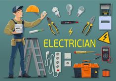 an electrician standing next to tools and electrical equipment with the words electrician on it