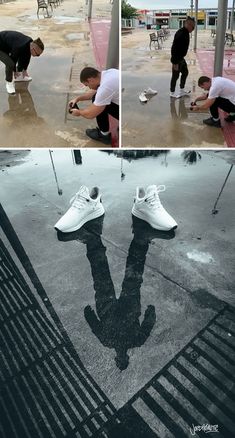 two men are cleaning the street with their shoes and one has his shadow on the ground