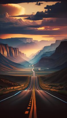 an image of a road going through the mountains at sunset with clouds in the sky