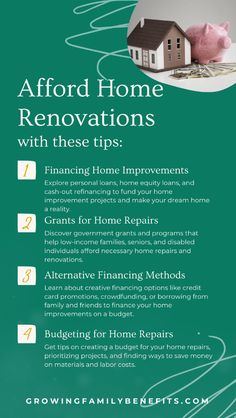 Seeking ways to finance your home improvements? Explore loans, grants, and imaginative funding options to help you afford renovations and repairs. Find out about government programs for low-income families, budgeting tips for home projects, and alternative financing methods to make your dream home a reality without breaking the bank!