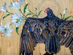 a painting of a black bird with white flowers on it's back and wings