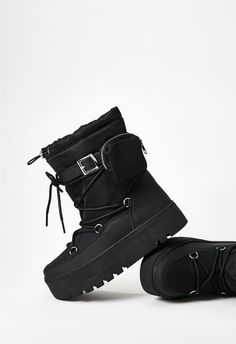 Material: Nylon Heel Height: 1.75" Platform Height: 1.5" Shaft Height: 7.0" Closure: Adjustable Laces Imported Fashion Shoes Boots, Cold Weather Boots, Faux Leather Heels, Black Caviar, Ski Trip, Painted Shoes, Shoe Dazzle, Female Fashion, Shoes Boots