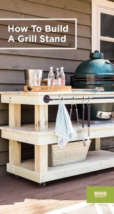 a bbq grill sitting on top of a wooden table next to a building with the words how to build a grill stand