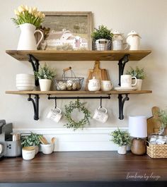 two shelves with coffee mugs and plants on them