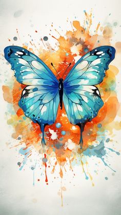 a blue butterfly with orange spots on it's wings and watercolor paint splatters